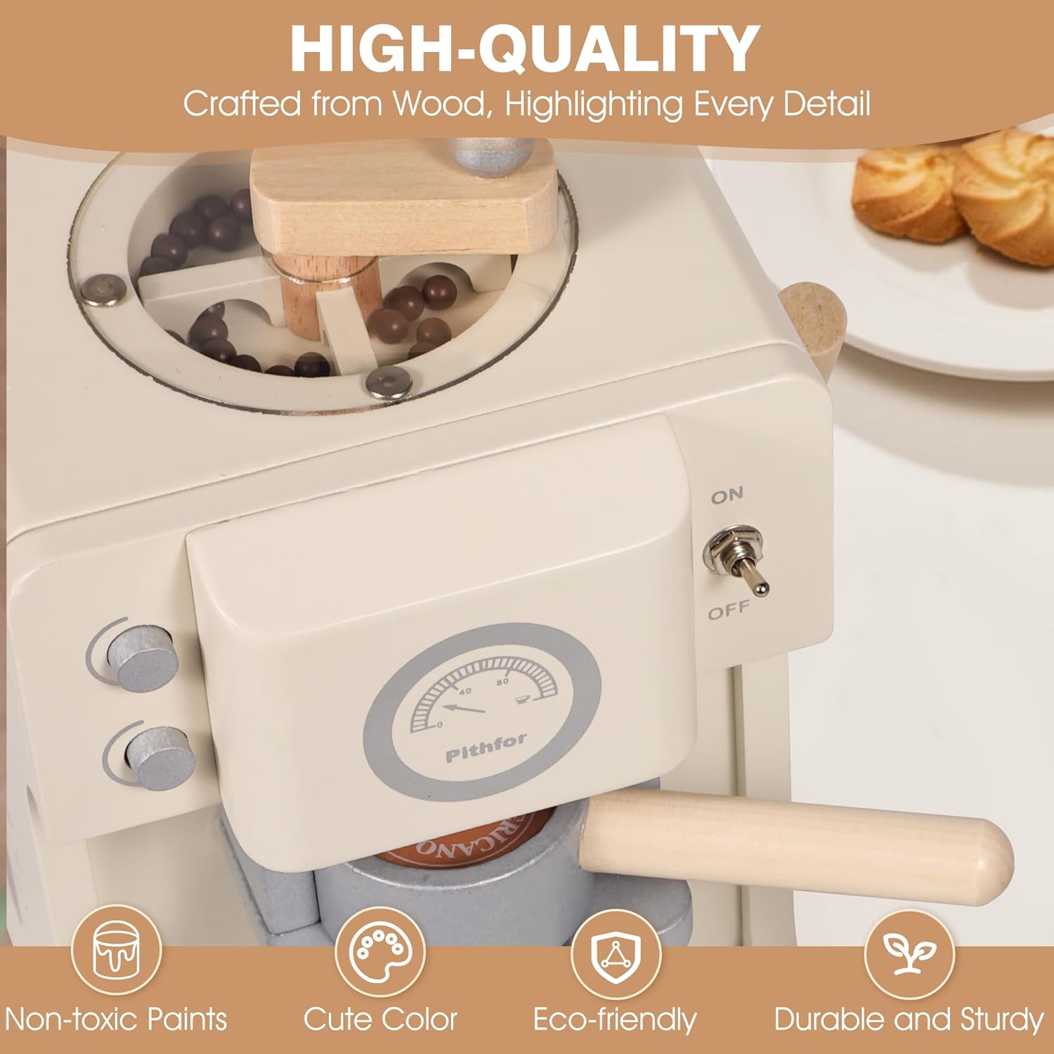 Kids Wooden Coffee Playset with Grinder, Toy Coffee Maker for Kids Toddlers, Pretend Play Kitchen Appliances & Accessories Toy Gift for Boys Girls